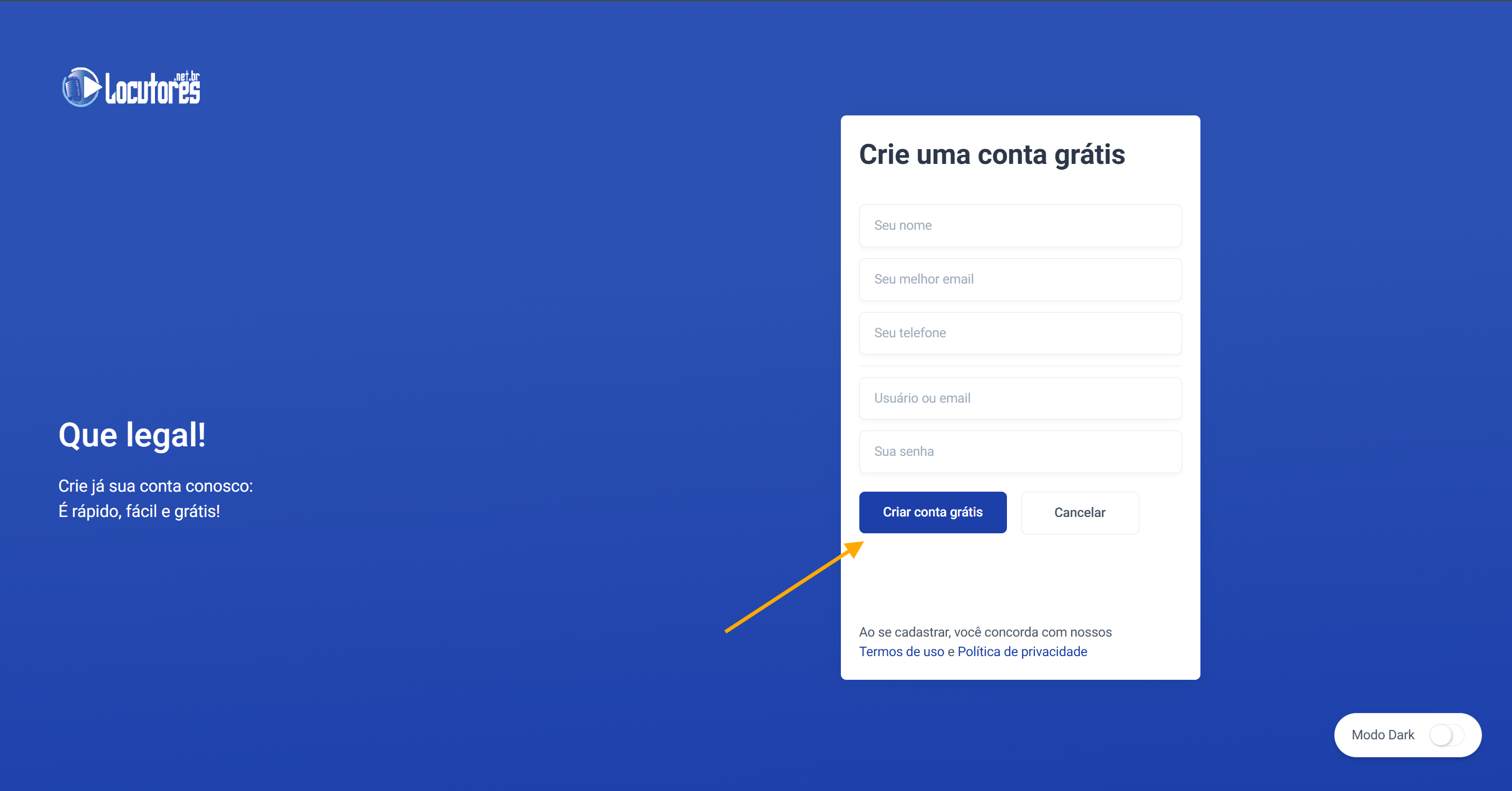 Tela de cadastro — locutores.net.br